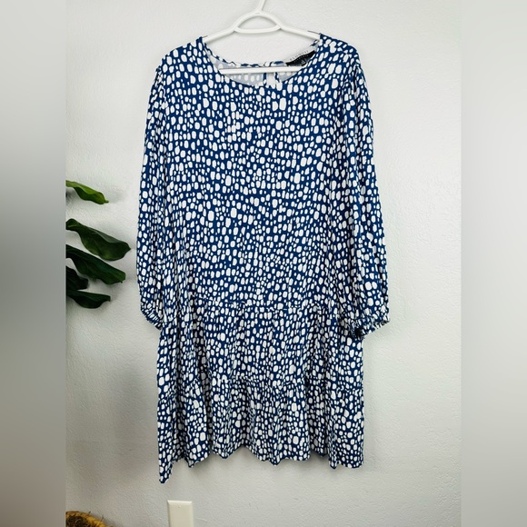 ELOQUll Elements Blue Mosaic Dot Print Tiered Dress 16 - Picture 3 of 9